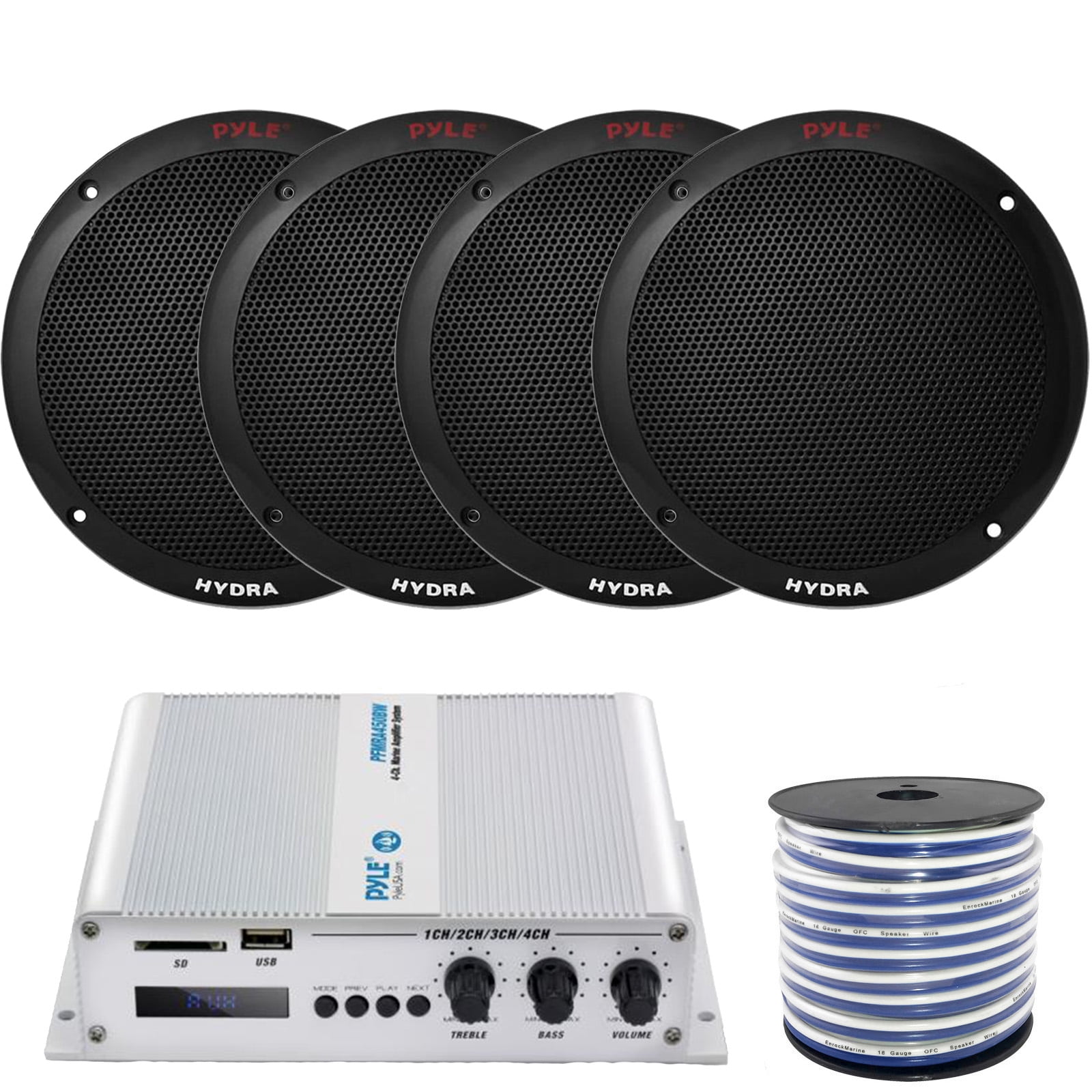 4 x Pyle 6.5'' Dual Cone 400 Watt Black Marine Speakers, Pyle 4Channel