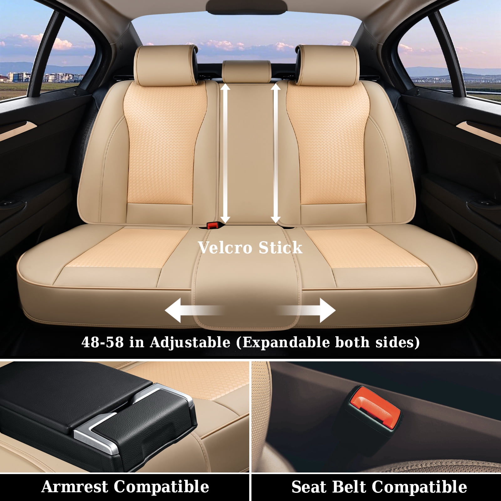 Coverado Car Seat Covers Full Set, Waterproof High-grade Leather Seat Protectors with Lumbar Support, Auto Cushions Universal Fit for Most Cars SUV Trucks, Beige