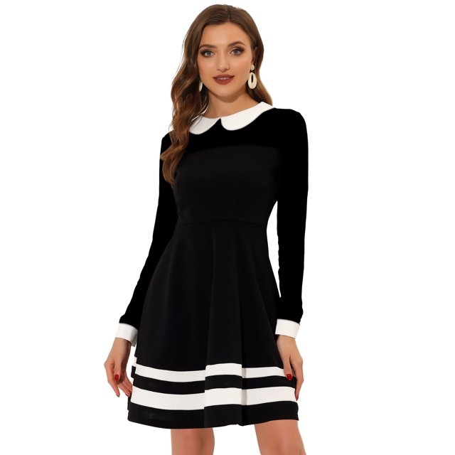 INSPIRE CHIC Vestido evasé de manga transparente con panel de malla y cuello Peter Pan en contraste para mujer Negro L