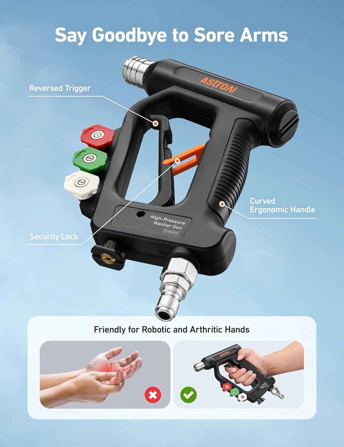 AstroAI Short Pressure Washer Gun with Swivel High Pressure Washer with 4 Nozzles and 3/8” Swivel Quick Connector - 4060PSI Max and Compatible, Black