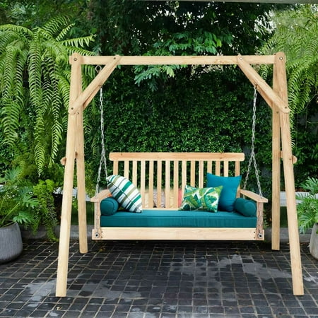 4 Porch Swing Natural Wood Garden Swing Bench Patio Hanging Seat Chains