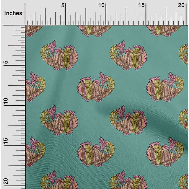 oneOone Cotton Poplin Fabric Fish Block Decor Fabric Printed BTY 42 Inch Wide