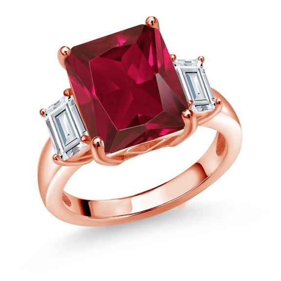 Gem Stone King 18K Rose Gold Plated Silver 3-Stone Ring Set with Octagon Red Created Ruby and Moissanite (6.86 Cttw, Size 7)