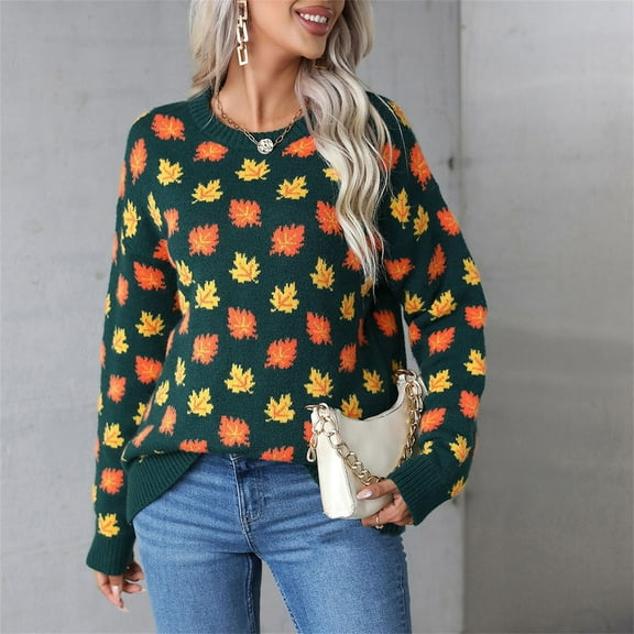 AGWOLF Women's Fall Leaf Print Sweater Comfy Mock Neck Oversized Sweaters Tops Oversized Chunky Jumper
