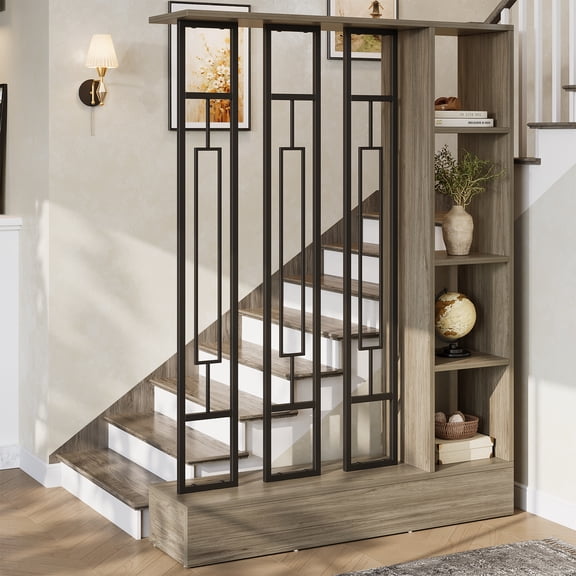 Finmind Wall Room Divider with Display Shelves, 70.9 inch Modern Freestanding Room Divider with Sturdy Base, Wall Partition for Home & Office, Gray