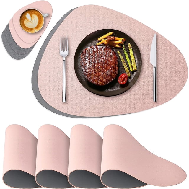 Juego de 4 manteles individuales y posavasos lavables en color rosa y gris, manteles individuales redondos de cuero, manteles individuales antideslizantes e impermeables de doble cara