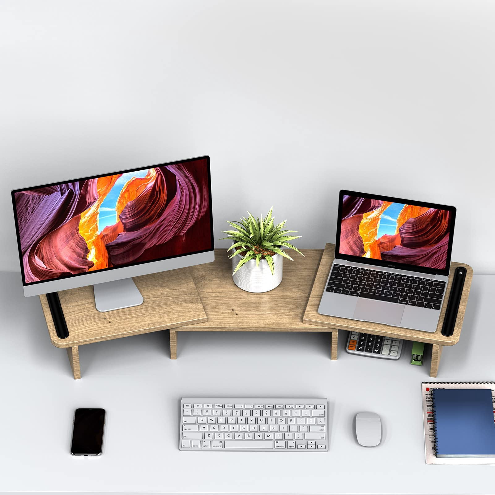 Dual Monitor Stand Riser  With Adjustable Length And Angle Wood For Desk 2 Monitors Storage Space