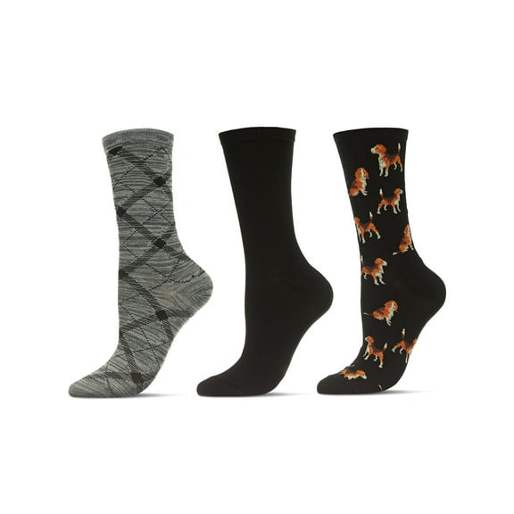 MeMoi Women's 3 Pair Pack Beagle Bamboo Blend Crew Socks - Womens - Female, 9-11, Black