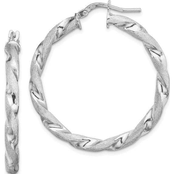 Sterling Silver Rh-Plated Satin Polished Twisted 3X35mm Hoop Earrings (38.1 X 36.8) Made In Italy qe13186