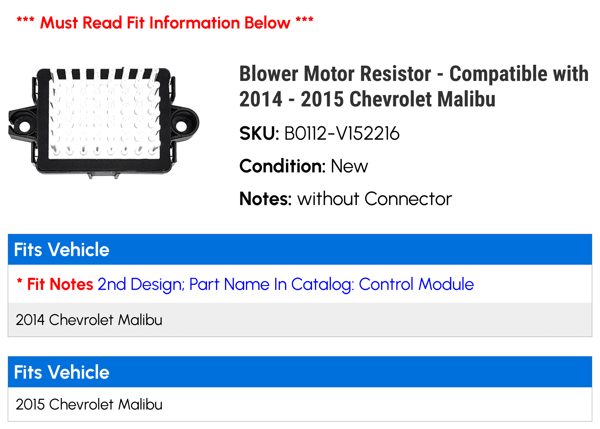 Blower Motor Resistor - Compatible with 2014 - 2015 Chevrolet Malibu - Holstein