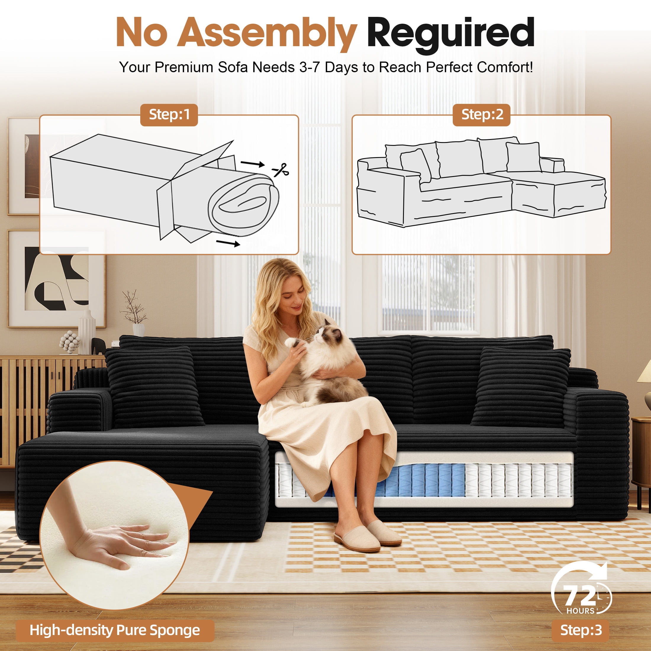 Aukfa Modular Sectional Sofa with Chaise, 95" Boneless Cloud Couch for Living Room, Black