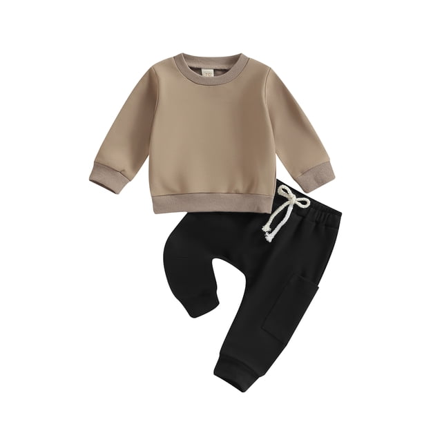 ZAXARRA Toddler Boy Fall Outfits Solid Color Crew Neck Long Sleeve Sweatshirt and Long Pants Set 2Pcs Clothes Set