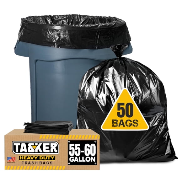 Tasker 55 Gallon Trash Bags | Value 50 Trash Bags w/Ties | Extra Large Industrial Trash Bags 55 Gallon, Lawn and Leaf Bags, Extra Large Outdoor Contr