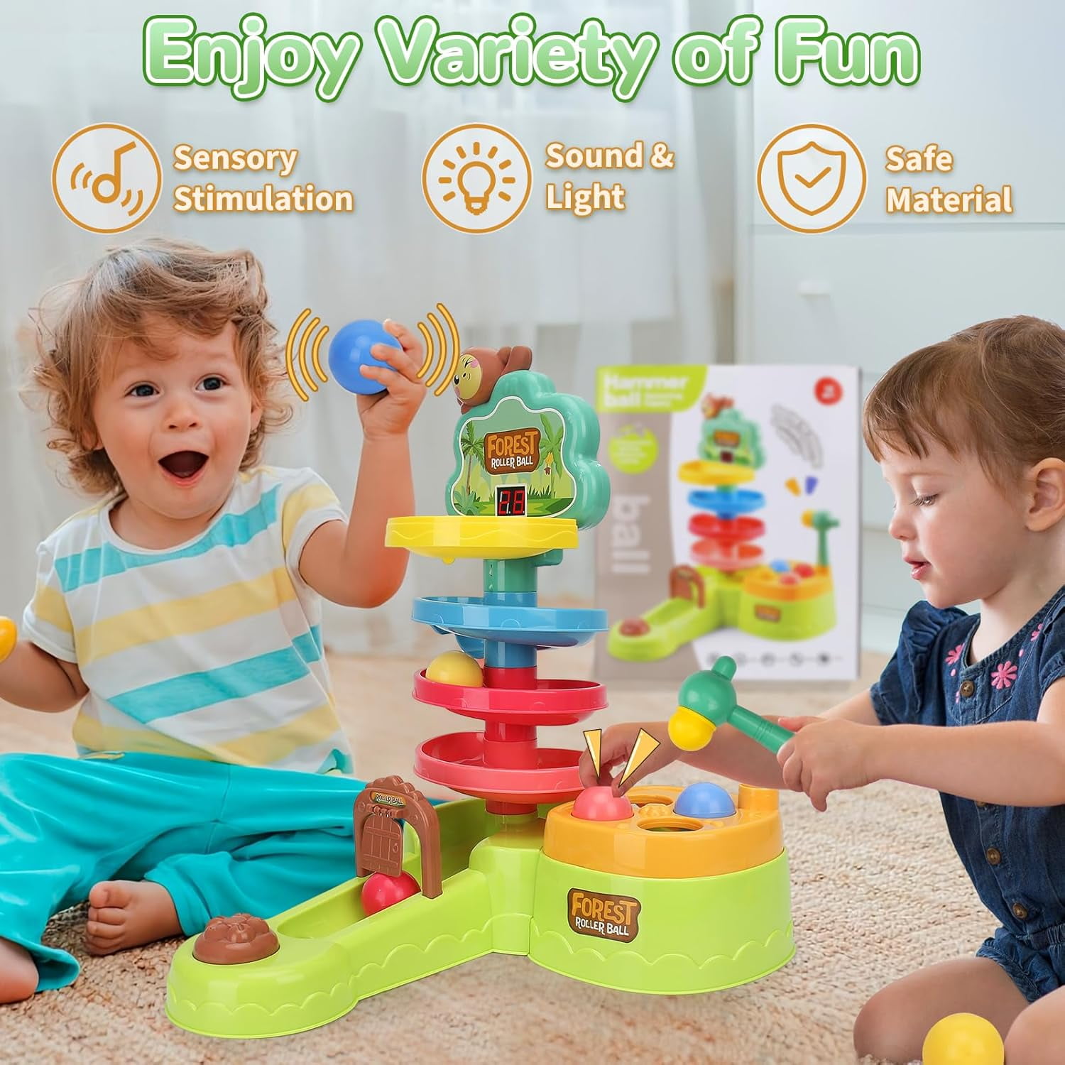 Adofi 3-in-1 Toddler Montessori Toys, Hammer Pound Balls, Shoot Balls Game, Ball Drop Toys for 1-3 Years Old, 1 Year Old Toys for Boys