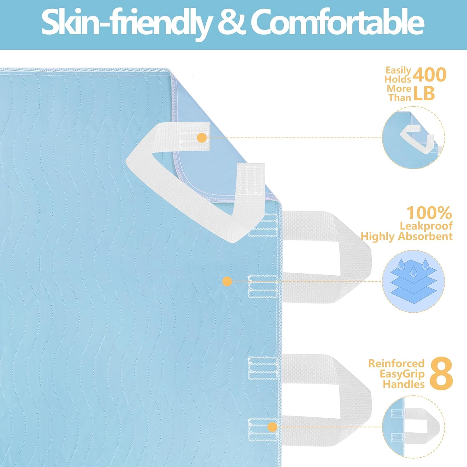 Improvia Positioning Bed Pad 34"x52" with 8 Reinforced Handles,Washable Underpads 4 Pack Incontinence,Heavy Absorbency Reusable for Elderly, Kids Adults, Waterproof Quick Drying for Bed