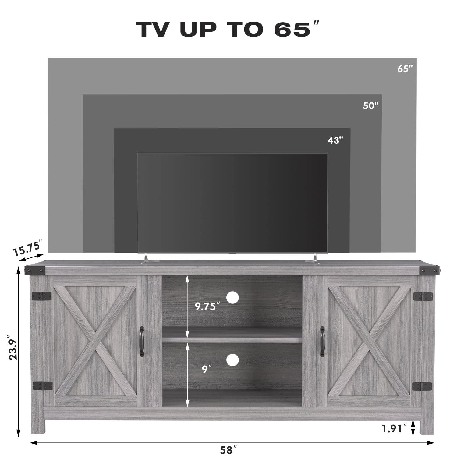 Furmax Barn Door TV Stand Media Console Center Industrial Style for TVs up to 65", Grey Wash