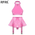 thumbnail image 2 of Conjunto de lencería de charol para mujer, traje Rave para discoteca, Top corto con espalda descubierta y cuello Halter con tangas integradas, minifalda con volantes, 2 of 5