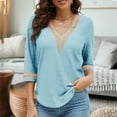thumbnail image 3 of Elabch Womens 3/4 Sleeve T Shirts V Neck Summer Tops Lace Eyelet Embroidery Breathable Blouses Casual Patchwork Color Tunic Tops Blouses for Women Light Blue XXL, 3 of 9