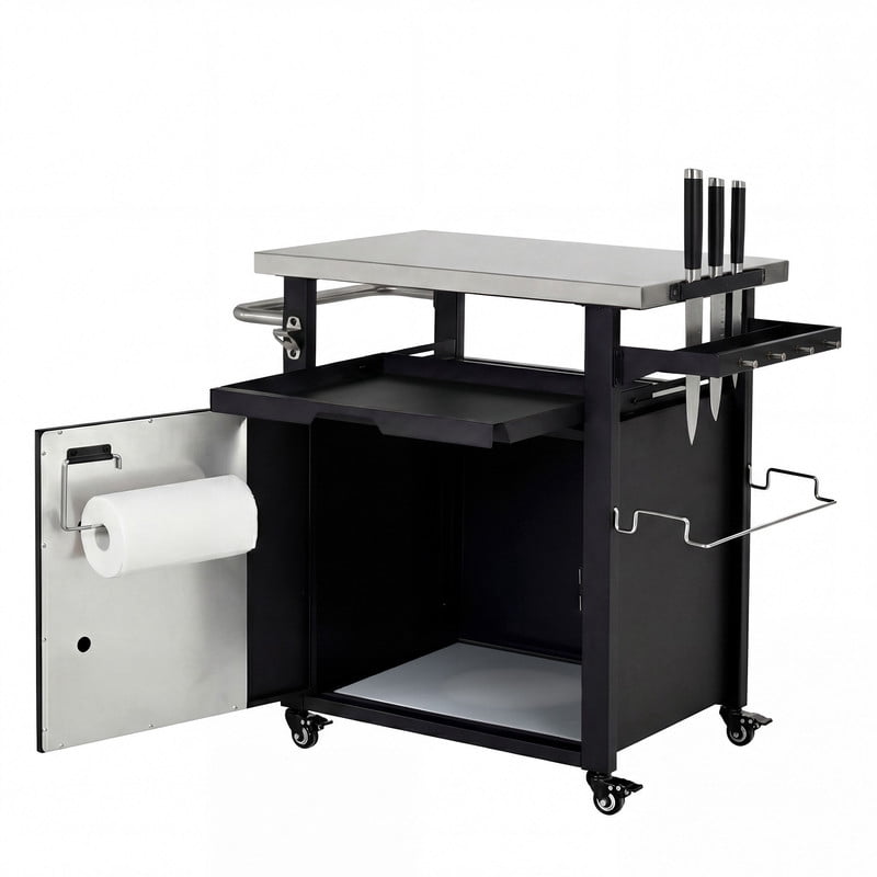 Outdoor Grill Cart with Stainless Steel Top, Outdoor Bar Cart Prep Table Pizza Oven Table with Wheels, Spice & Paper Rack