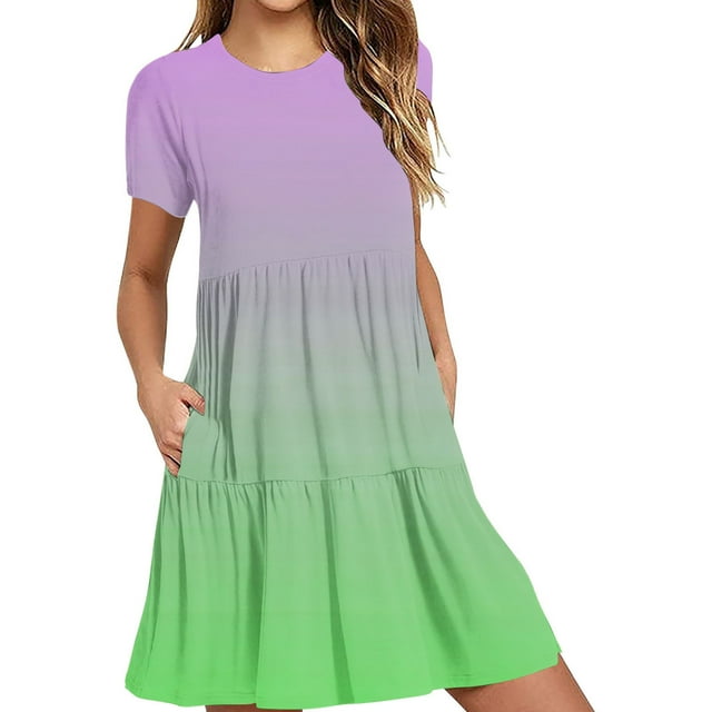 Hyknon Robes pour Femmes Mode Été Décontractée Robe T-Shirt à Manches Courtes Robes Mini à Étages avec Poches Robes Décontractées Douces et Amples