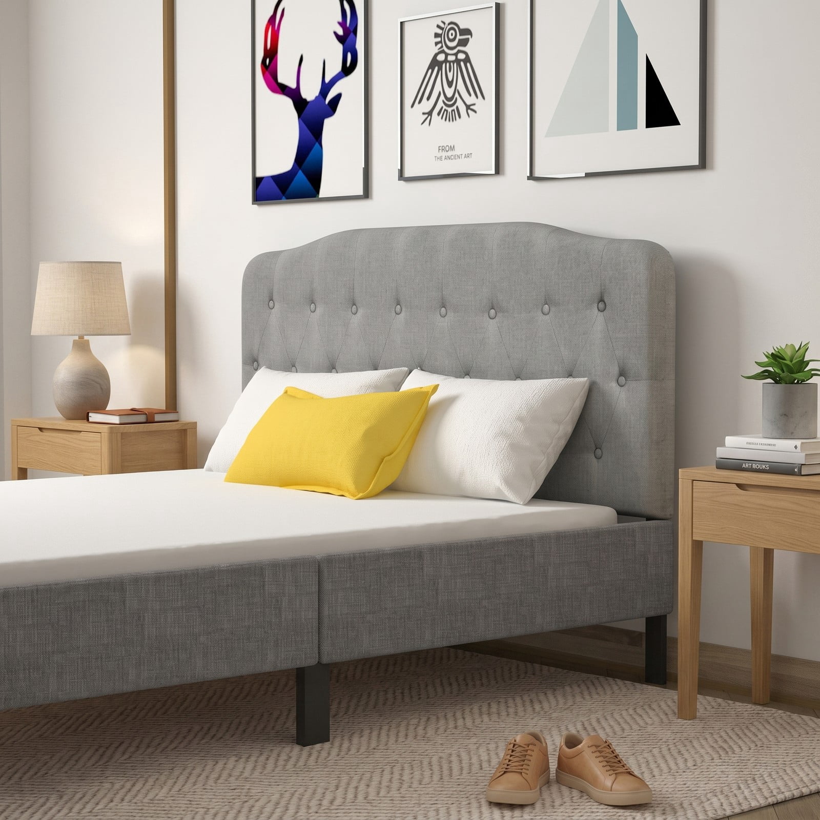 Furnibear Queen Upholstered Headboard with Diamond Button Tufting and 2 Adjustable Heights for Bedroom Wall Mount and Frame Mount, Light Gray