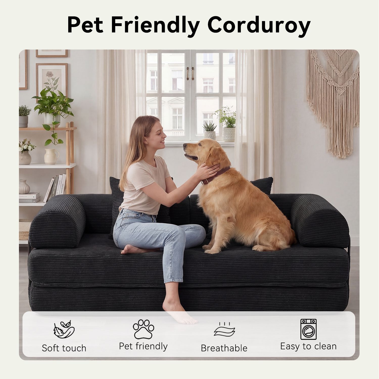 Dateyes 5-in-1 Modular Sofa Bed, Black Corduroy photo 6