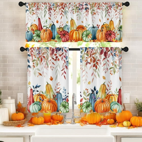 Autumn Leaf Kitchen Window Curtains and Valances Set 36 Inch, Fall Pumpkins Watercolor Short Tier Curtain for Cafe Living Room Bathroom, Fall Thanksgiving 3 Pieces Set Kitchen Decor