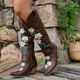 thumbnail image 3 of Rokment Womens Retro Floral Embroidered Wide Calf Knee High Cowboy Boots Boho Suede Pointed Toe Chunky Heels Knee-Length Western Cowgirl Dress Tall Booties, 3 of 7