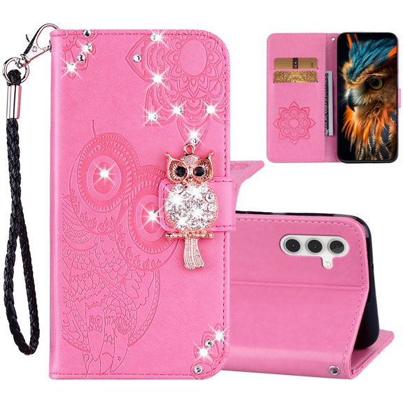 CCSmall Wallet Case for Samsung Galaxy S25, Cute Owl Glitter Bling Diamond PU Leather Flip Folio Cover Case with Card Slot & Wrist Strap for Samsung S24 / Galaxy S25 - Crystal Owl Pink