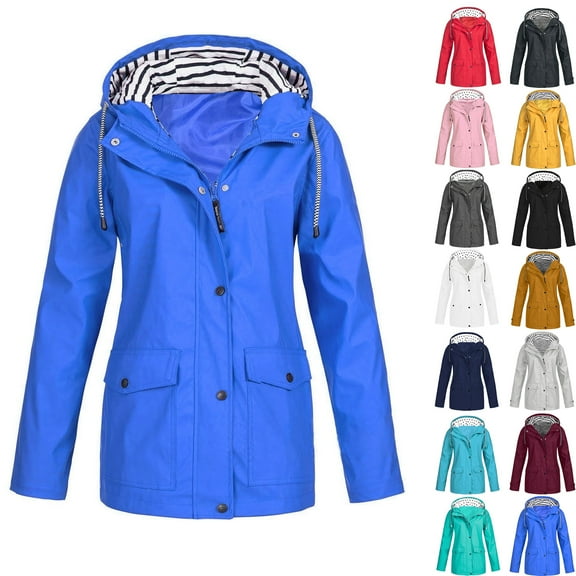 Women's Waterproof Rain Jacket Outdoor Women Solid Rain Jacket Outdoor Plus Size Hooded Raincoat Windproof Blue XL Fall