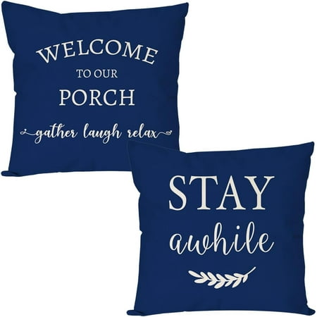 Welcome to Our Porch Stay Awhile Blue Farmhouse Decorative Throw Pillow Covers 18x18 Set of 2 Outdoor Porch Pillows Holiday Decorations Cushion Cases for Home Couch Front Porch Patio Decor