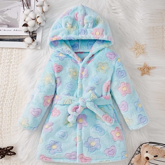 Trikvn Kids Girls Plush Fleece Robe with Hood Cute Heart Floral Print Bathrobe Fuzzy Warm Sleepwear for Toddler Nightgown Cozy Lounge Wear for Bath Shower