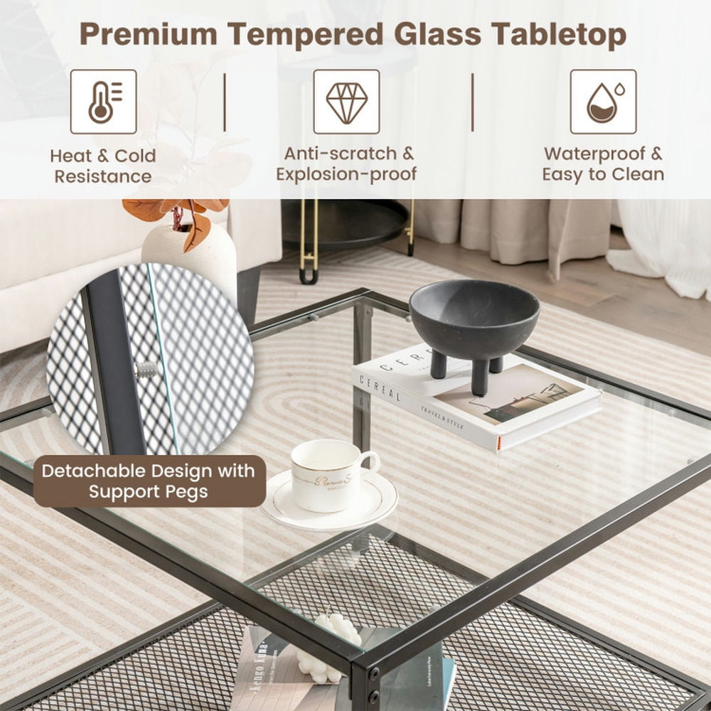 Finihen Coffee Table, Glass Coffee Table, Modern 2-Tier Square Glass Coffee Table with Mesh Shelf, for Living Room, Reception Room, Transparent Finihen Coffee Table, Glass Coffee Table, Modern 2-Tier Square Glass Coffee Table with Mesh Shelf, for Living Room, Reception Room, Transparent