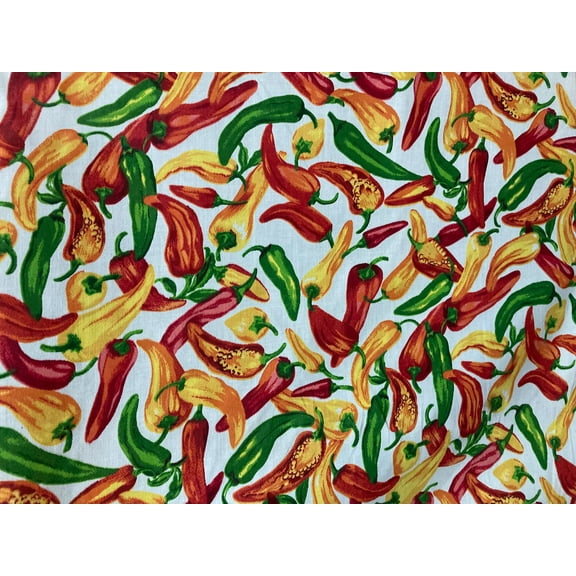 Lilly Craft Multi-Color Peppers on White Polycotton Fabric is 58-60" Wide and Sold by the Yard