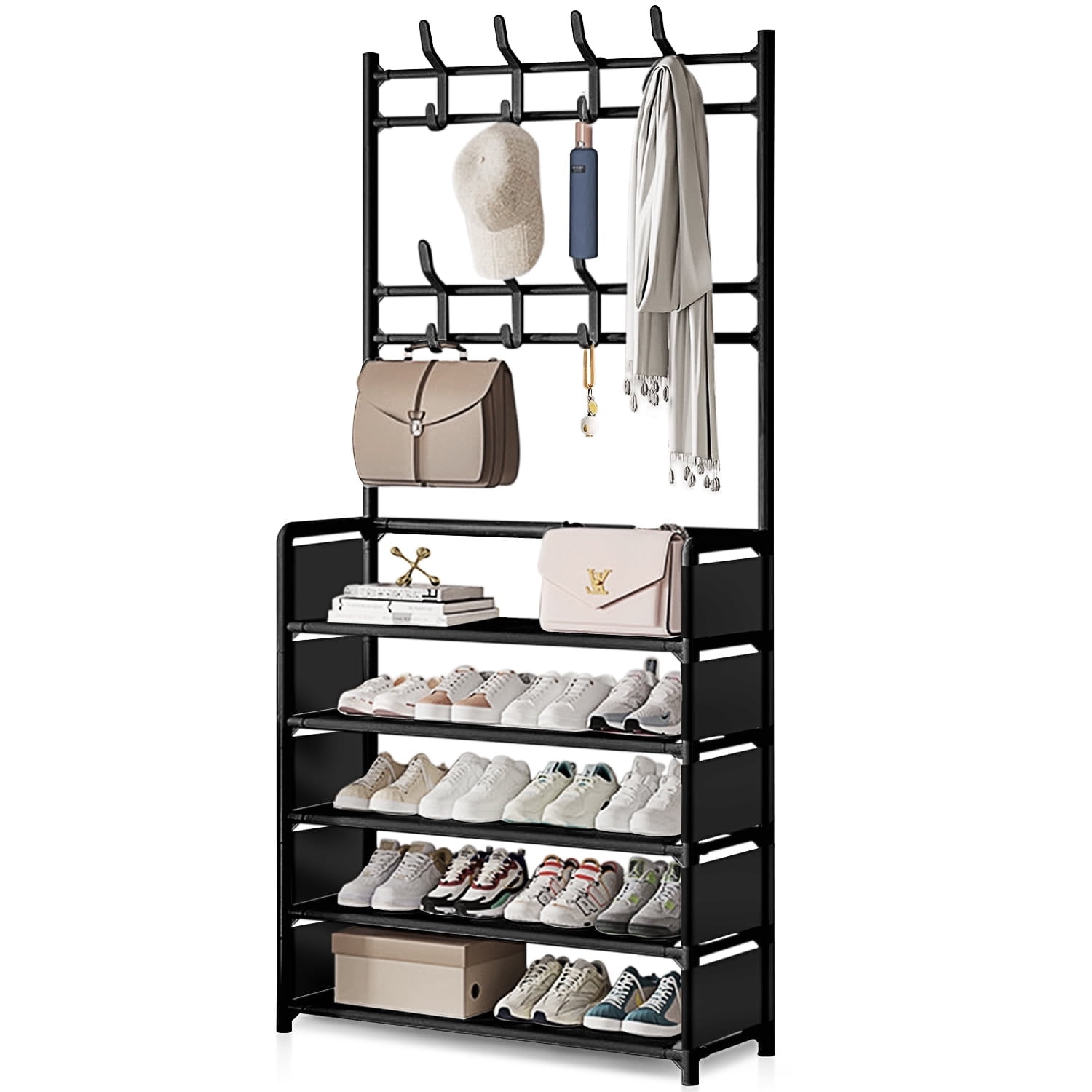 Brochao 5 Tiers Shoe Rack with Coat Rack, Shoe Organizer Storage with Hooks, Freestanding Shoe Shelf for Entryway, Hallway, Office, Black