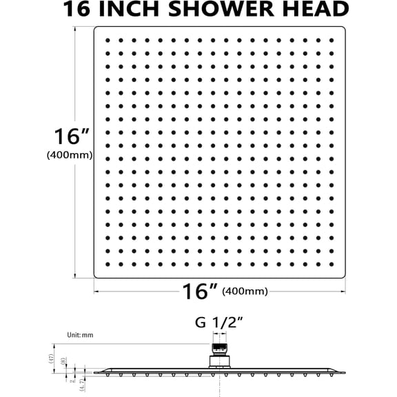 Black Rainfall Shower Head  16 Inch Square Ceiling Mounted Ultra Thin Stainless Steel Overhead Showerhead Matte Black Finish