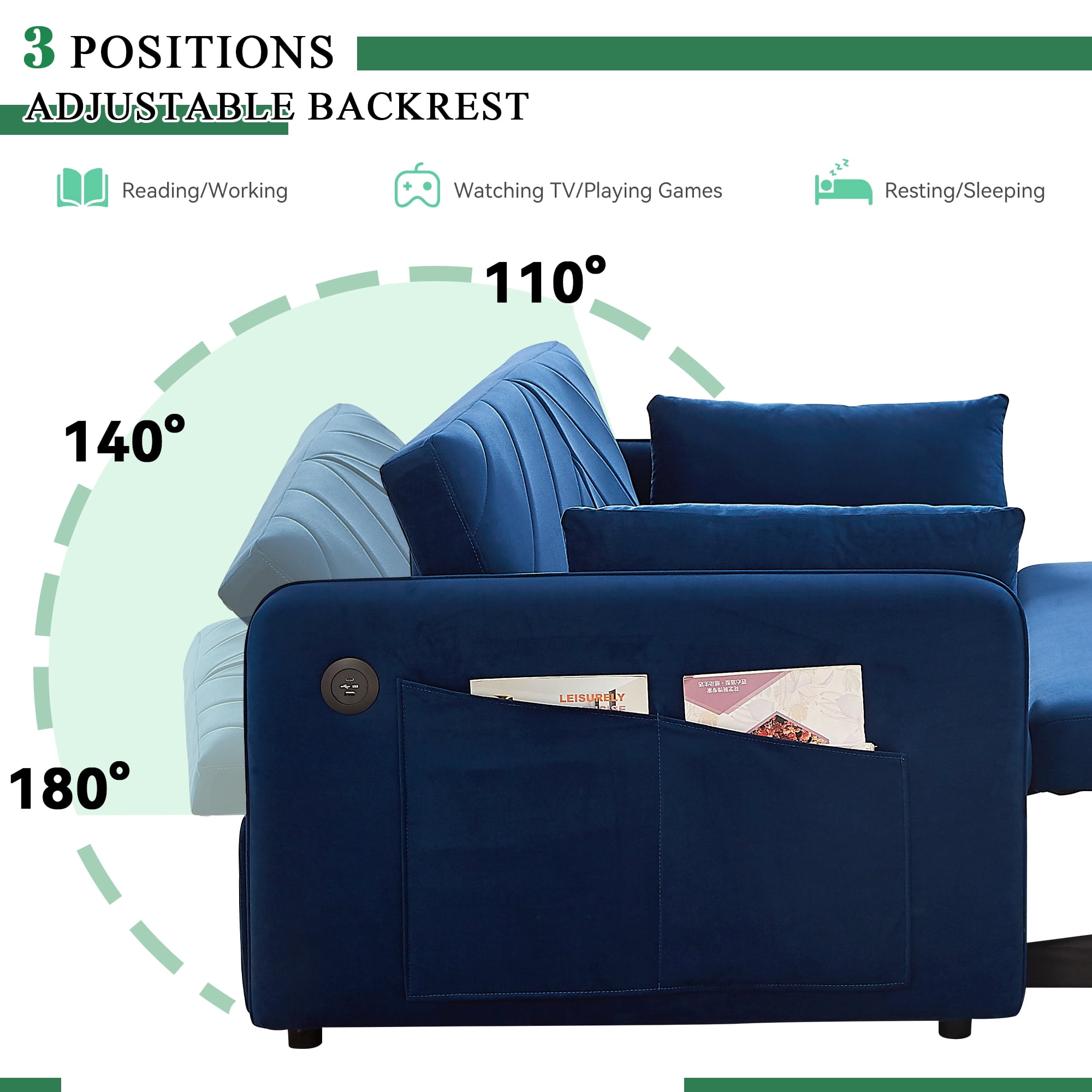 Dinosisco Convertible Sleeper Loveseat with USB, 55" Velvet Futon Sofa Bed, Blue