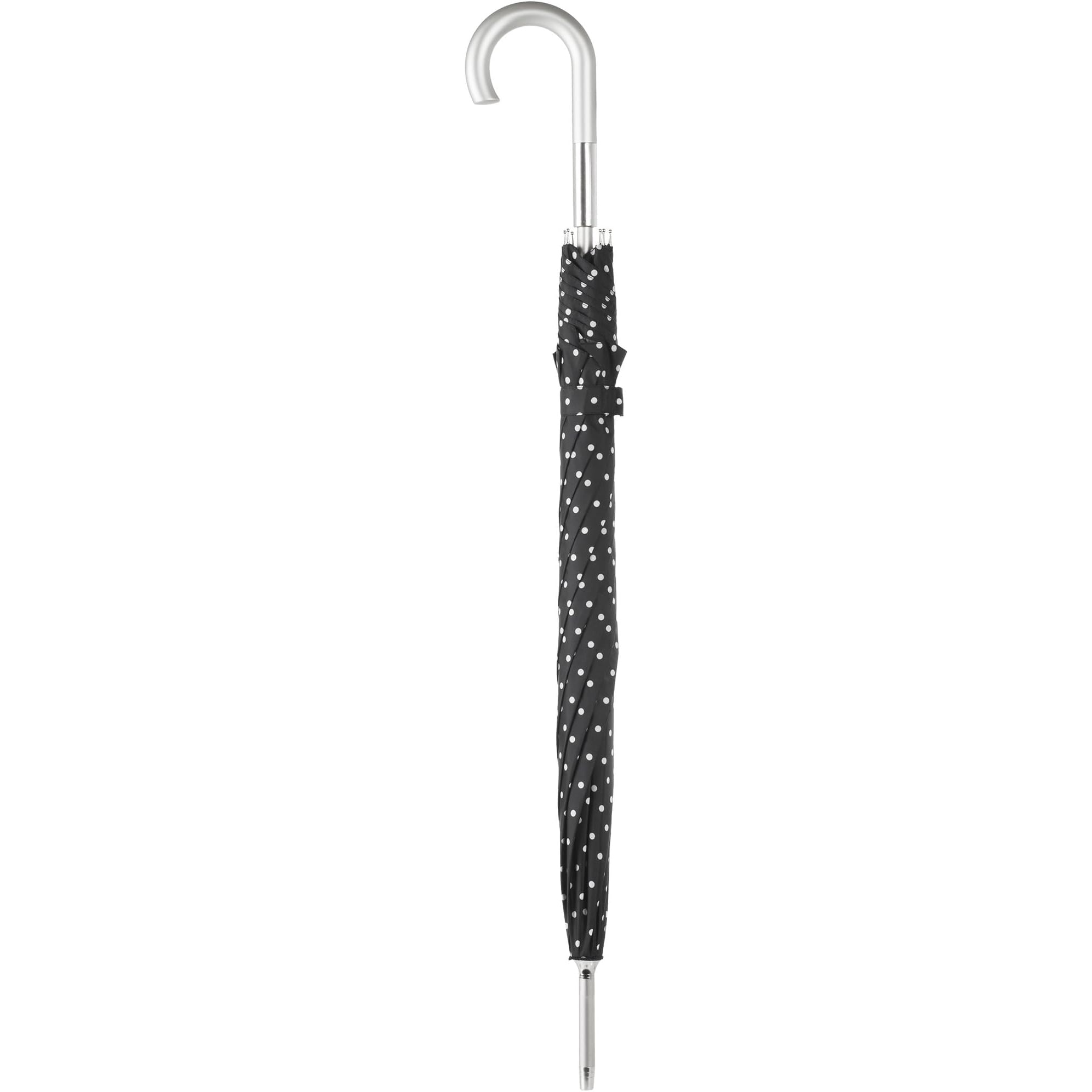 totes Large Eco Auto-Open Stick Umbrella with a Classic J Hook Curved Handle, Black/White Swiss Dot, 46"