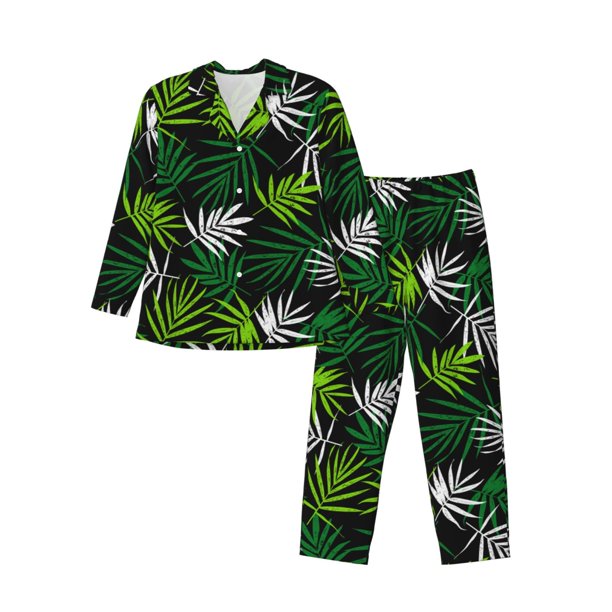 Fotbe Tropical Leaves1 Pijama de Hombre con Estampado de Manga Larga, Conjunto de 2 Piezas, Ropa de Dormir Suave y Cómoda con Bolsillos-Small