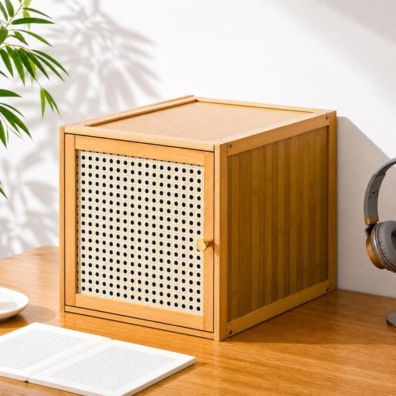 HAOLE Bamboo Storage Cabinet with Vintage Rattan Door, DIY Stackable Modular Cube Organizer, Large Capacity Shelf for Living Room, Bedroom