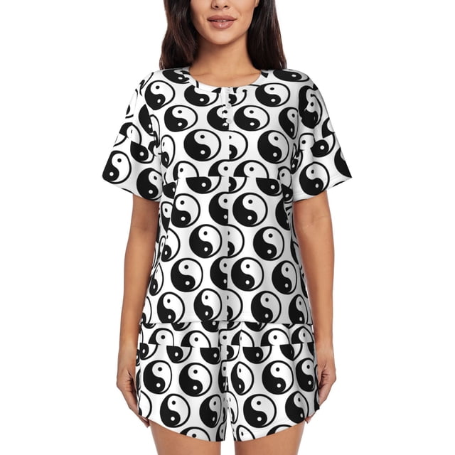 Xecao Yin Yang Pattern Women's Short Sleeve Pajama Set Soft Sleepwear Lounge Set with Button Front Top and Drawstring Shorts with Pockets-XX-Large