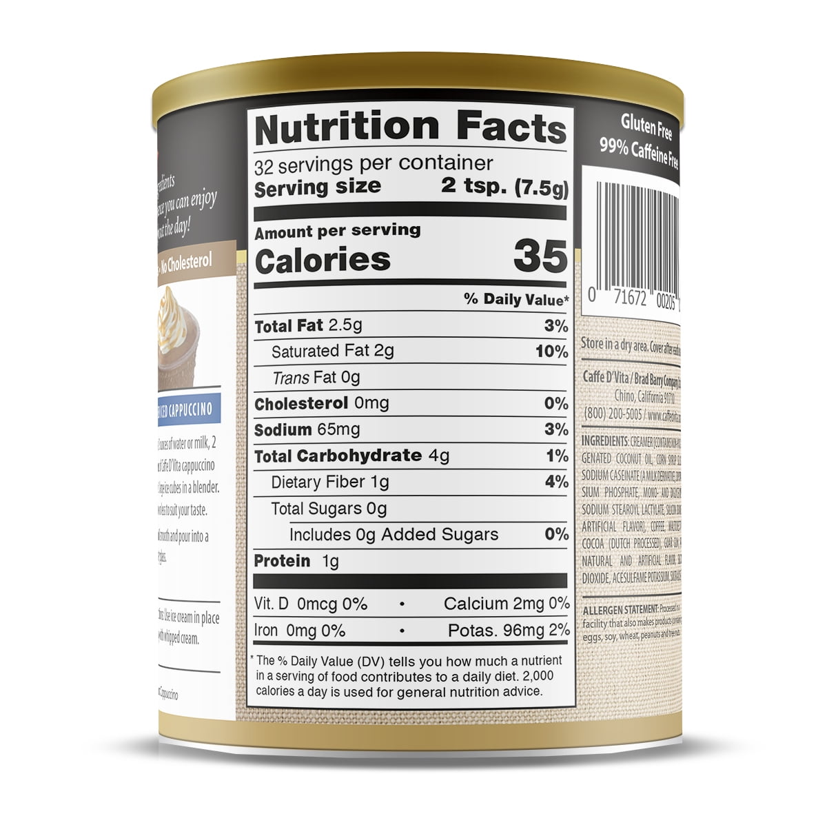 (6 Pack) Caffe D'Vita Sugar Free Mocha Cappuccino, 8.5 oz Canisters. Instant powder drink mix