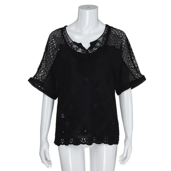 Patlollav Women Plus Size Tops Short Sleeve V-Neck Hollow Out Solid Casual Blouse Lace Pullover