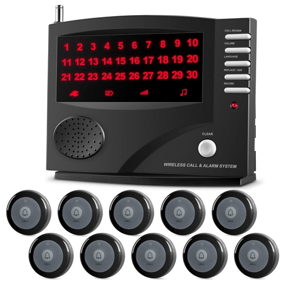 SYNLETT Sistema de Llamadas Inalámbrico Sistema de Llamada de Enfermera Buscapersonas para Cuidadores para Restaurante Clínica Hogar de Ancianos 7 Idiomas 8 Tonos de Alerta 10 Botones de Llamada y 1 U