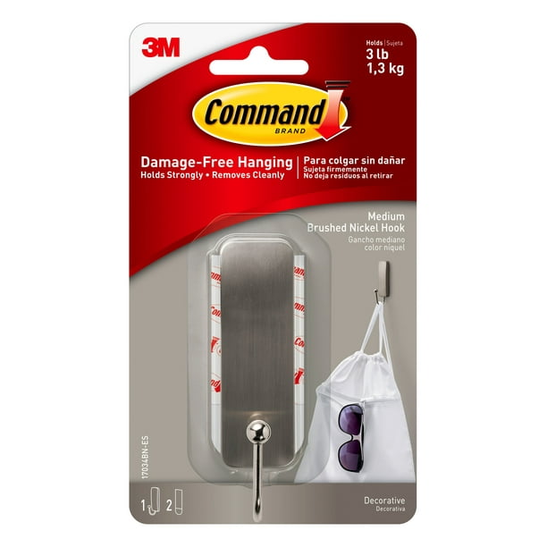 Command Medium Brushed Nickel Hook, 1 Hook, 2 Strips