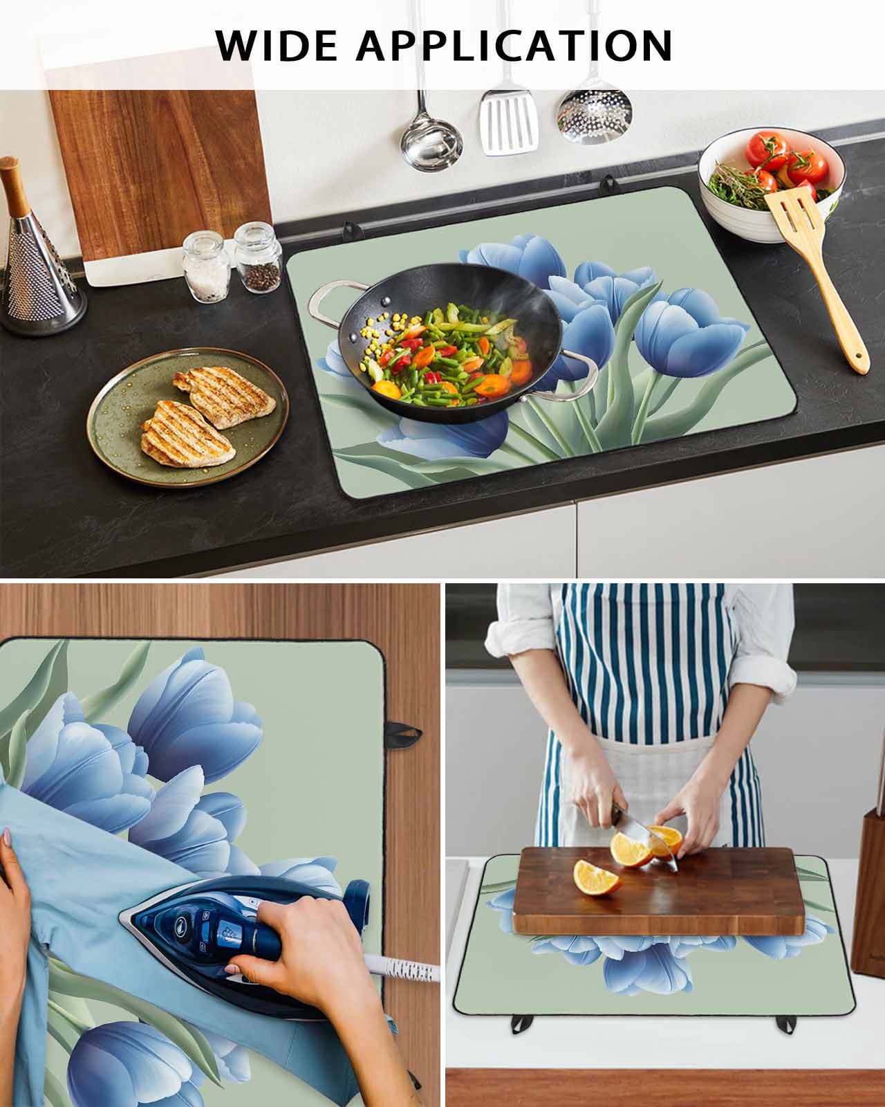 nqOlkjepod Large Induction Cooktop Protector Mat 24"x21", Navy Blue Tulip Stove Top Covers for Electric Stove, Chic Elegant Flowers Botanical Sage Green Stove Burner Cover Mats Stove Cover