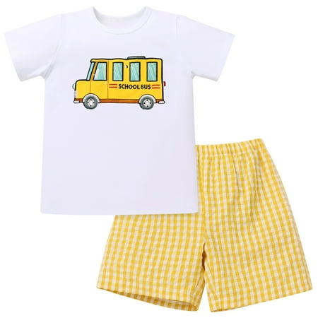 

IBTOM CASTLE Toddler Kids Boys Back to School Outfit Top with Shorts Schoolbus Embroidered Kindergarten Clothes 3-4 Years White + Yellow Plaid