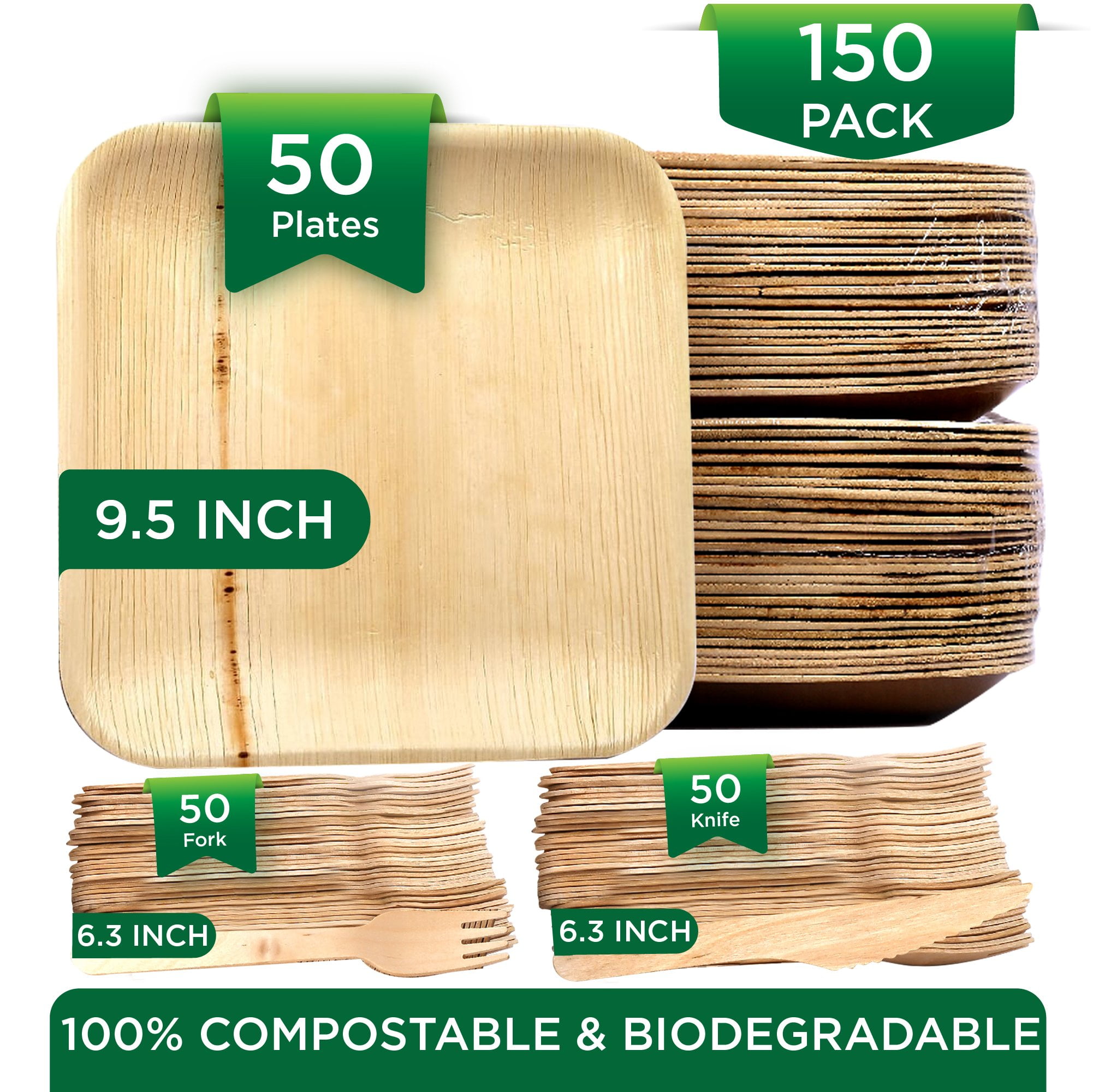 Bosnal 4 inch Square Plates, Compostable Palm Leaf, Bamboo and Wood Style, Stackable, Restaurant Grade, 25 Pcs - 9 Round Plate
