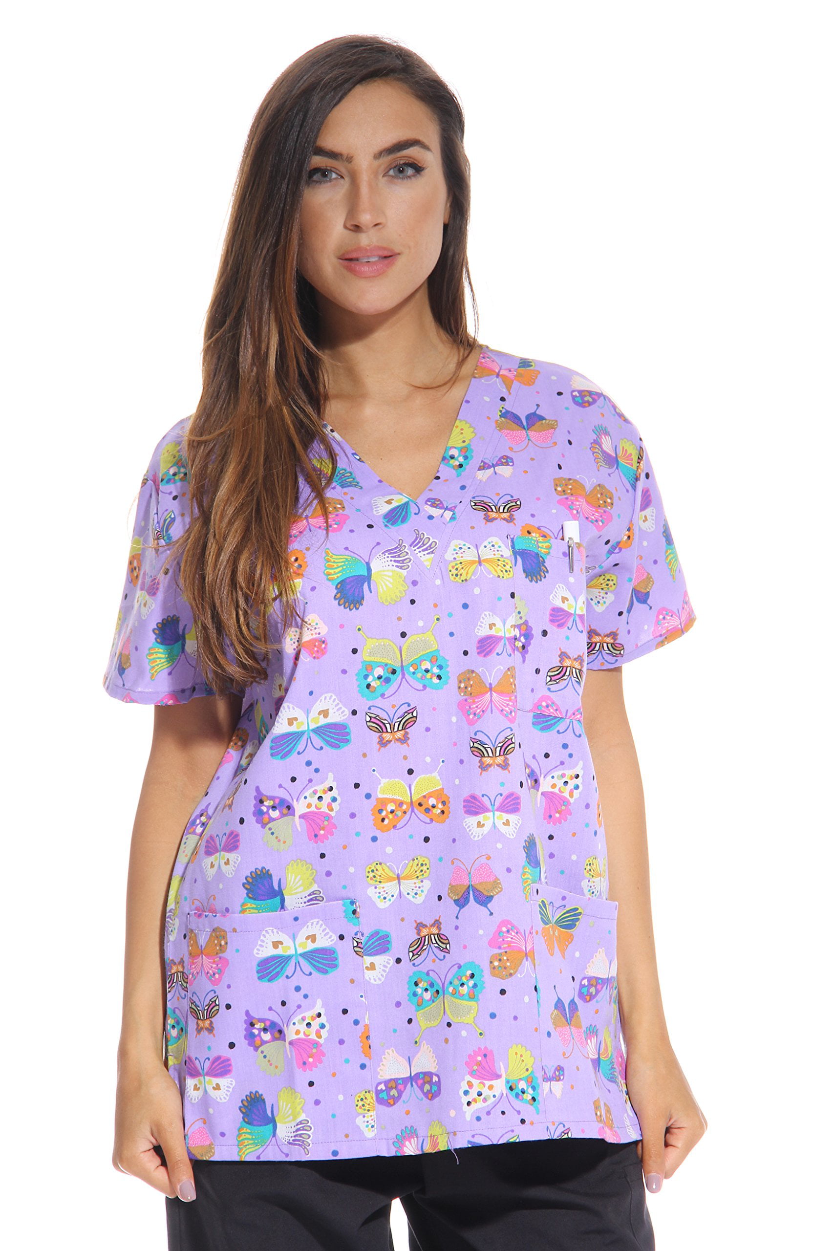 Womens Fashion Medical Nursing Scrub Tops Printed Light Blue Heart Butterfly XL 