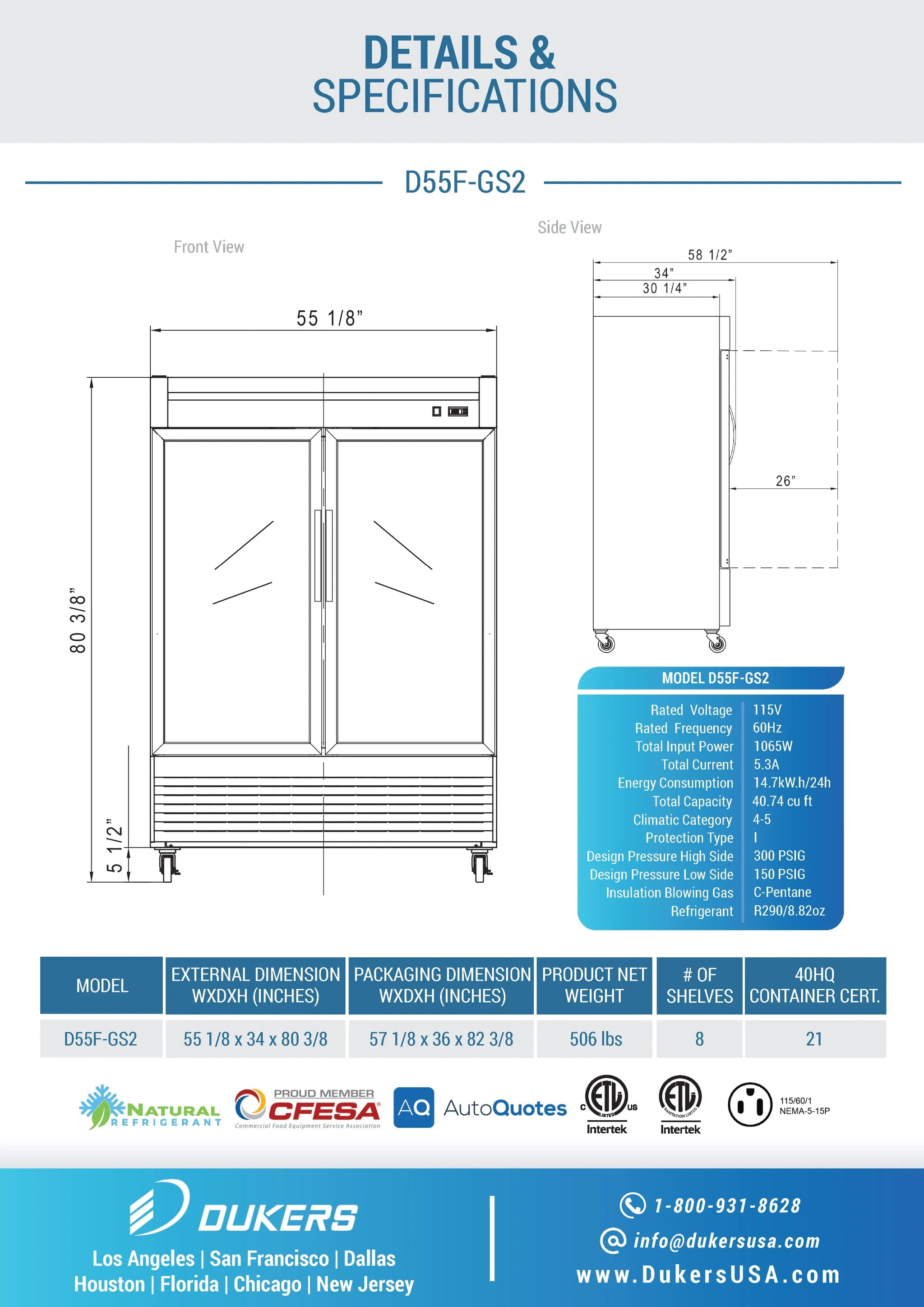 D55F-GS2 Bottom Mount Glass 2-Door Commercial Reach-in Freezer
